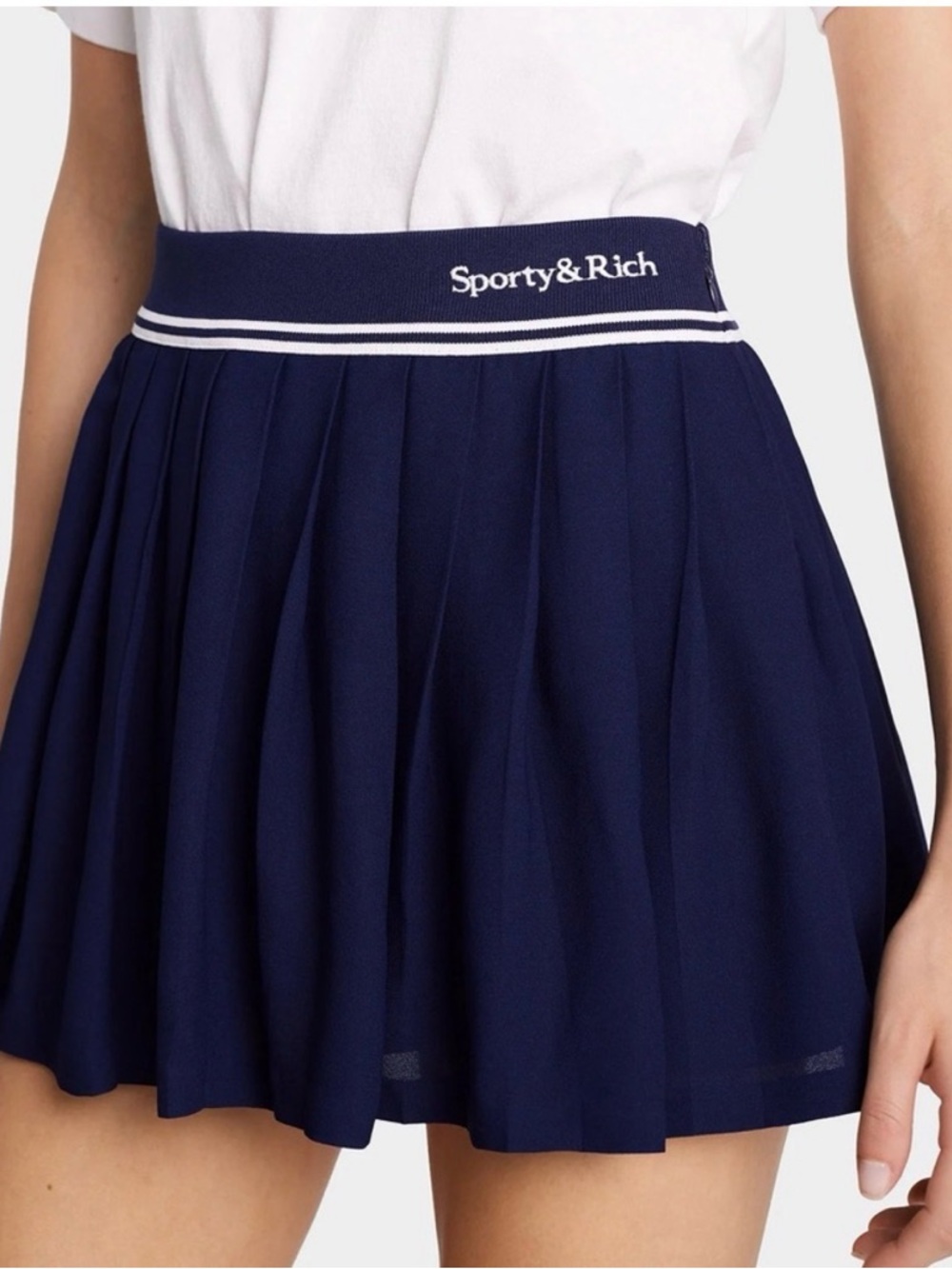 Sporty & Rich Navy Pleated Mini Skirt with Striped Waistband